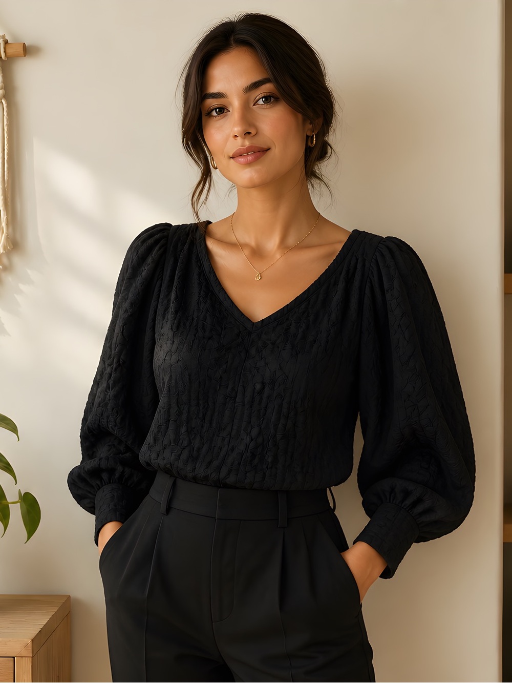 Free People Black Textured V-Neck Puff Sleeve Blouse
